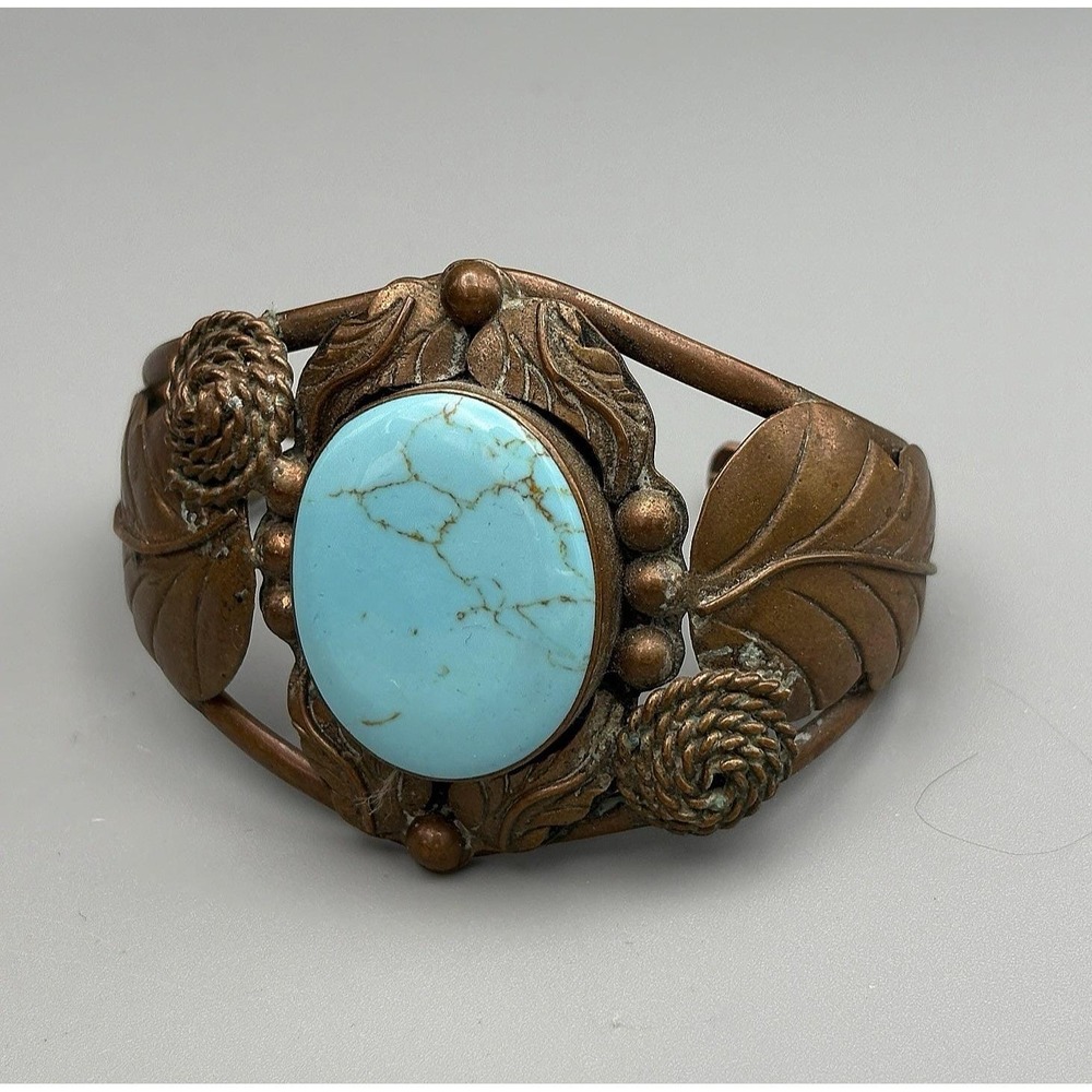 Vintage Copper Bracelet Faux Turquoise Cuff Southwest Style Leaves Ropes Bold